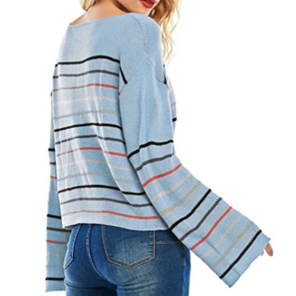 NWT Striped Knit Bell Sleeve Slouchy Sweater Top. - Picture 5 of 6
